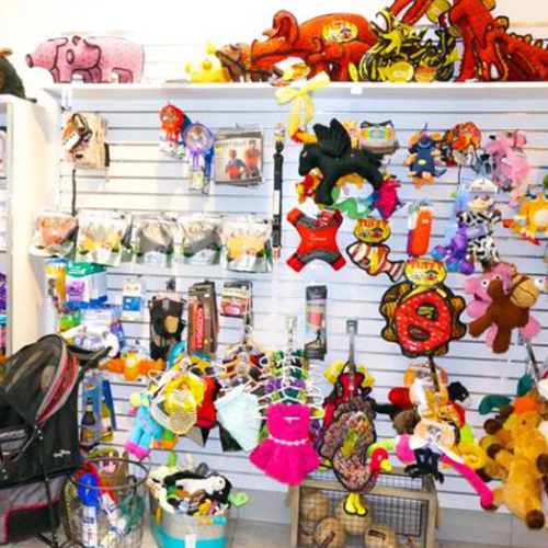 A vibrant pet store display featuring colorful stuffed toys, grooming products, and accessories against a slatwall. Playful and inviting atmosphere.