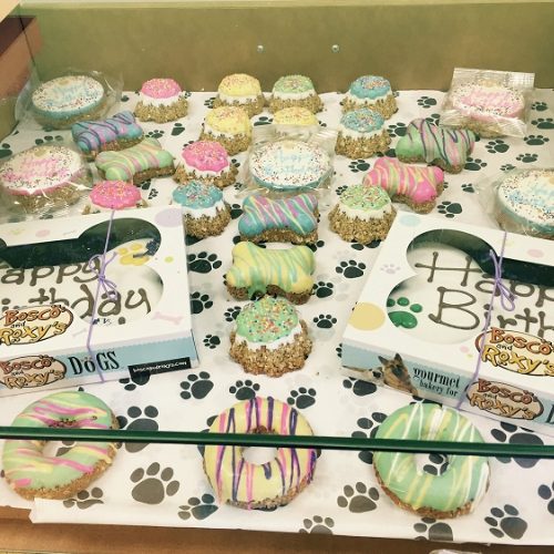 Display case with colorful dog treats shaped like donuts and cookies, decorated with pastel icing. Boxes labeled 