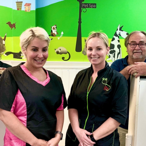 Three smiling people stand inside a brightly decorated pet spa with cartoon animal murals. The atmosphere is cheerful and welcoming.
