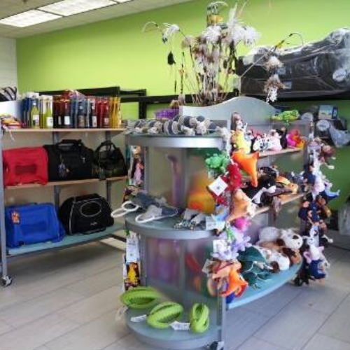 Pet store interior with colorful toys and accessories on display. A central shelf features plush animal toys, while another holds pet carriers and supplies. Bright, cheerful setting.