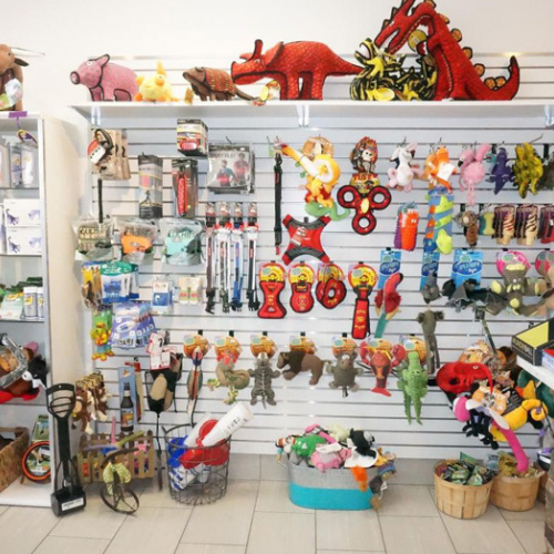 A pet store display featuring colorful dog toys, including plush animals, ropes, and chew toys, neatly arranged on wall-mounted hooks and shelves.